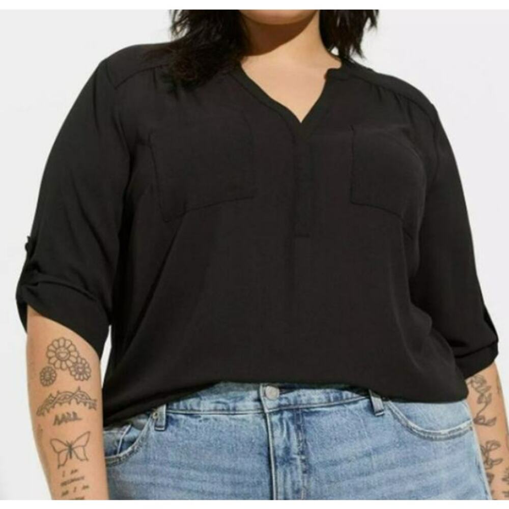 Torrid Womens 2X Top Plus Size Harper Georgette Blouse 3/4 Sleeve Black